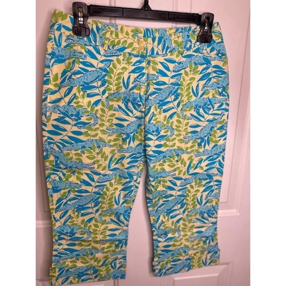 Lilly Pulitzer Womens Capri Pants Green Blue Alligator Print Cropped Size 0 - Picture 1 of 5